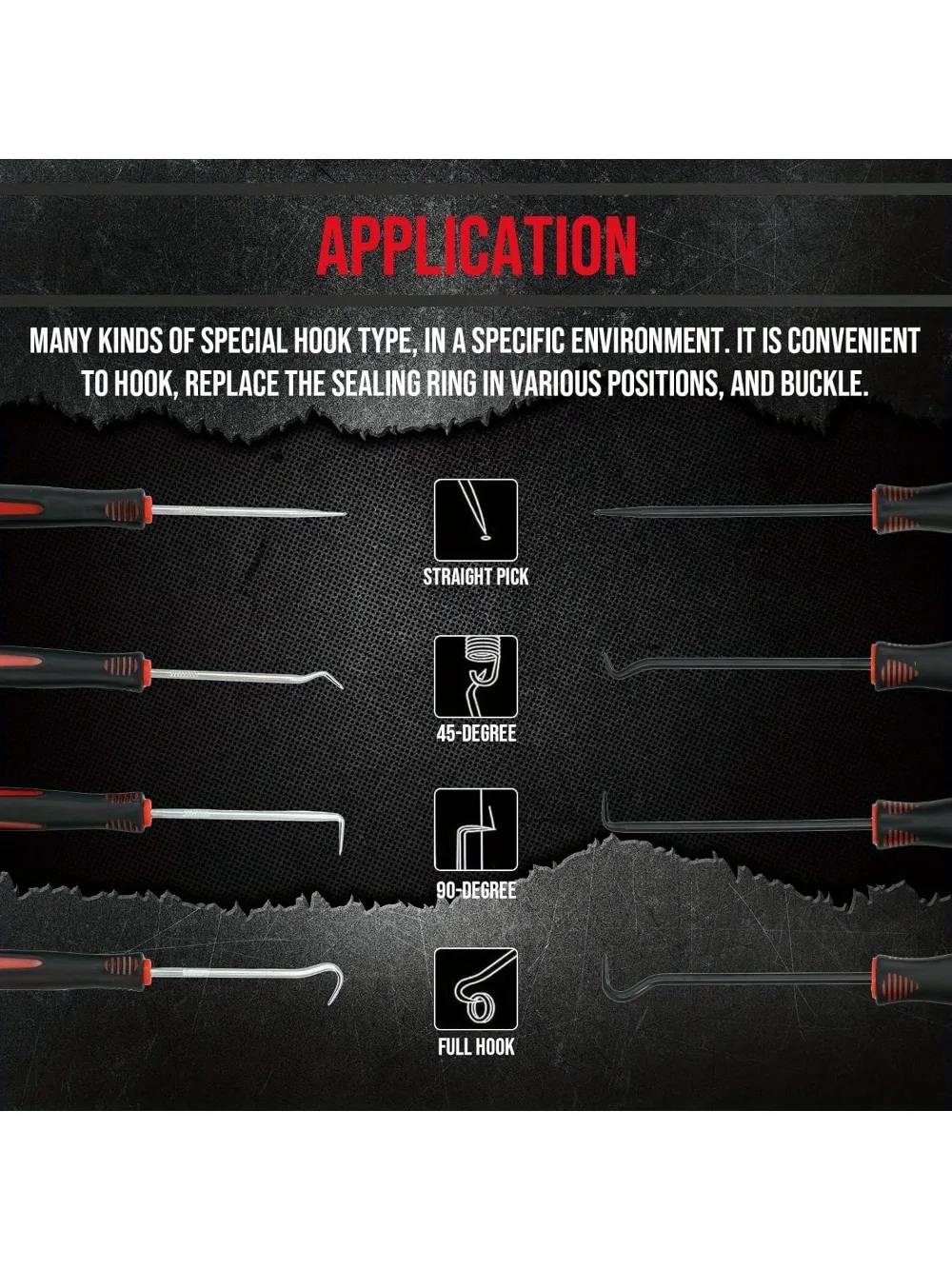 An 11-piece automotive hook and pick tool set, heavy duty, insulated, non-electric, for O-rings, washers and micro parts.