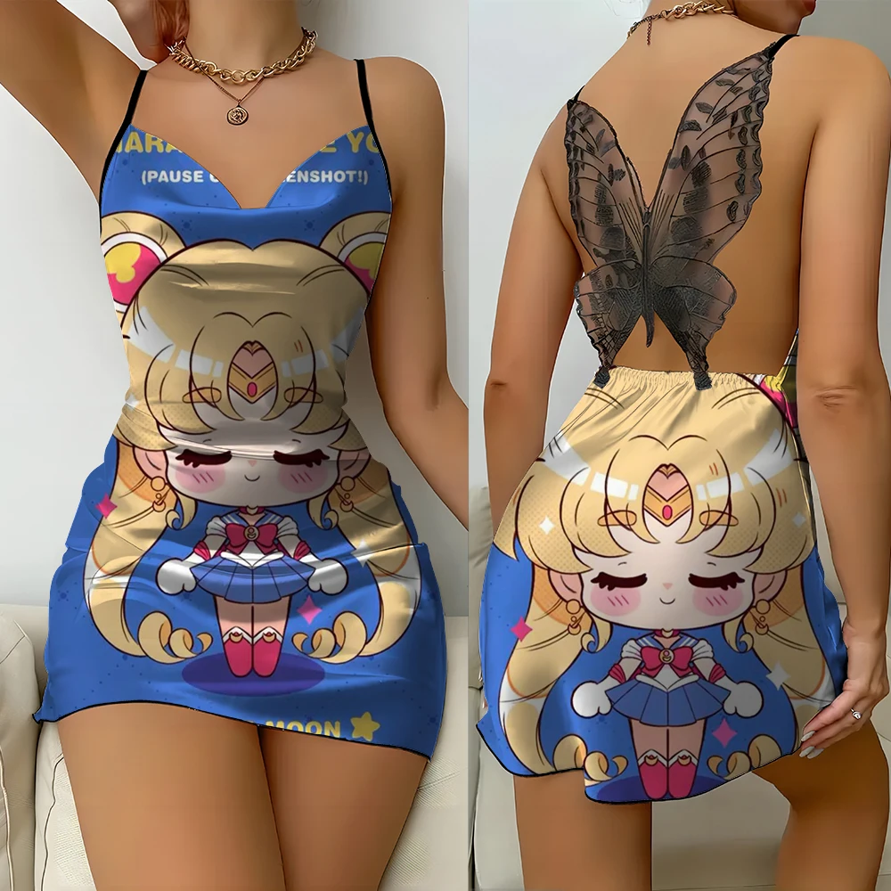 Bretelles dos nu sexy en dentelle papillon sexuel Sailor Moon, motif de dessin animé mignon imprimé, col en V, nouveau, printemps et été