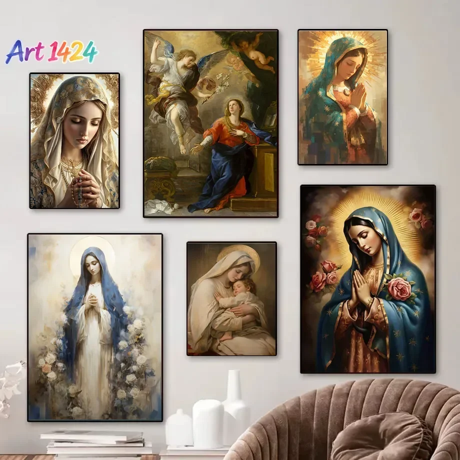 1pc Vintage Virgin Mary and Jesus Canvas Christian Faith Poster Home Wall Art, Vintage Living Room Kitchen Bathroom Decor