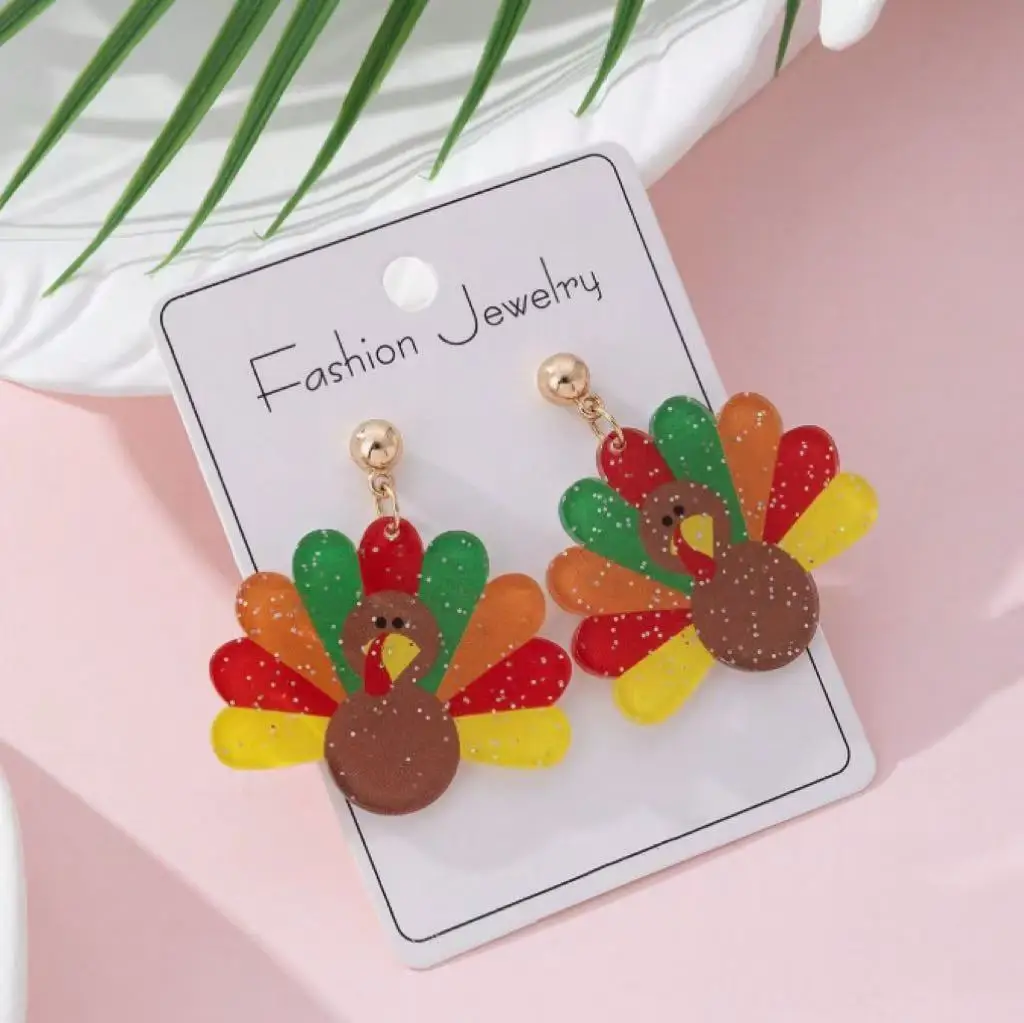 أقراط تركية بوهيمية - أقراط متدلية من الأكريليك على شكل تركيا اللطيفة لحفلات عيد الشكر، هدية جوهرة عيد الميلاد في ديسمبر