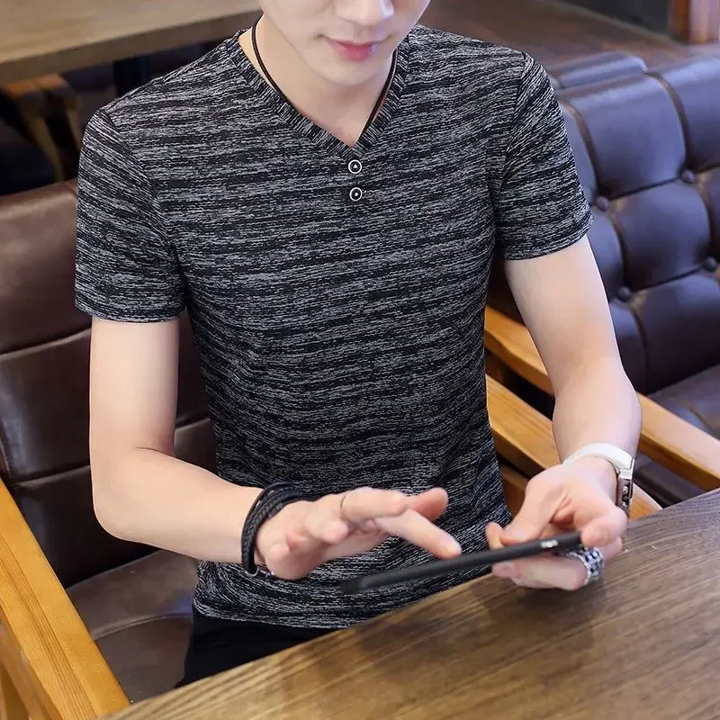 LIBIELIY Summer Thin Tops Tee Mesh Ultra-Light Stripe Hollow Out Button Undershirts Breathable Basics Shirt Daily Leisure T-shir