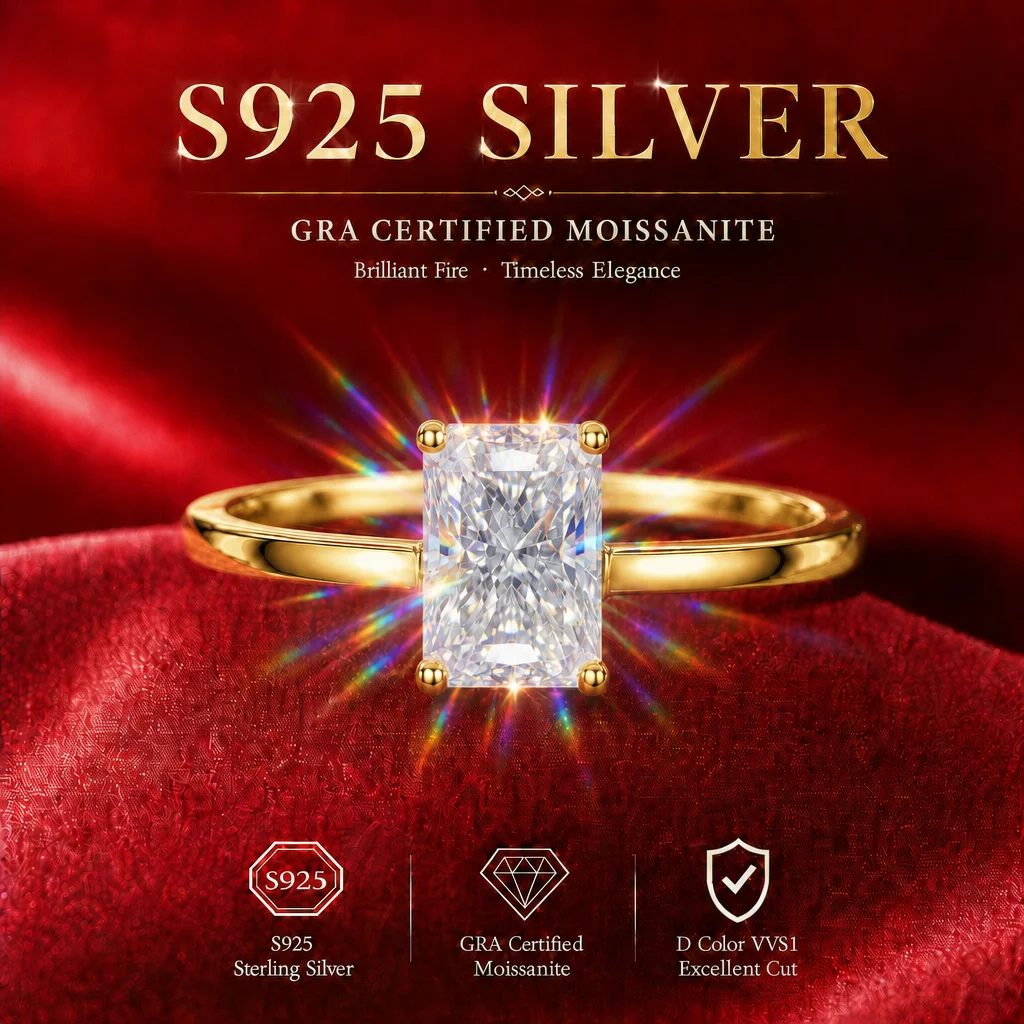 Verstellbarer 18K Gold Smaragdring mit Moissanit-Edelstein, S925 Sterling Silber, Diamanttester-geprüft, Funkelnder Damenring – Detail 7