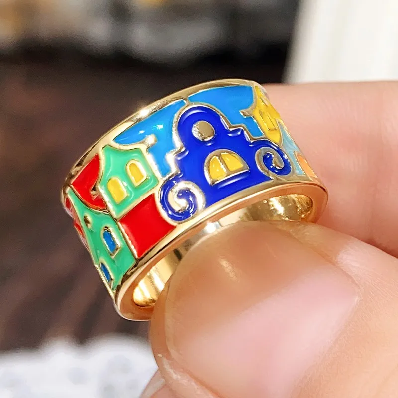 New Creative Colored Housed Design Enamel Finger Ring for Women Gold Color Band Funny Girls Rings Gift Hip Hop Party Jewelry