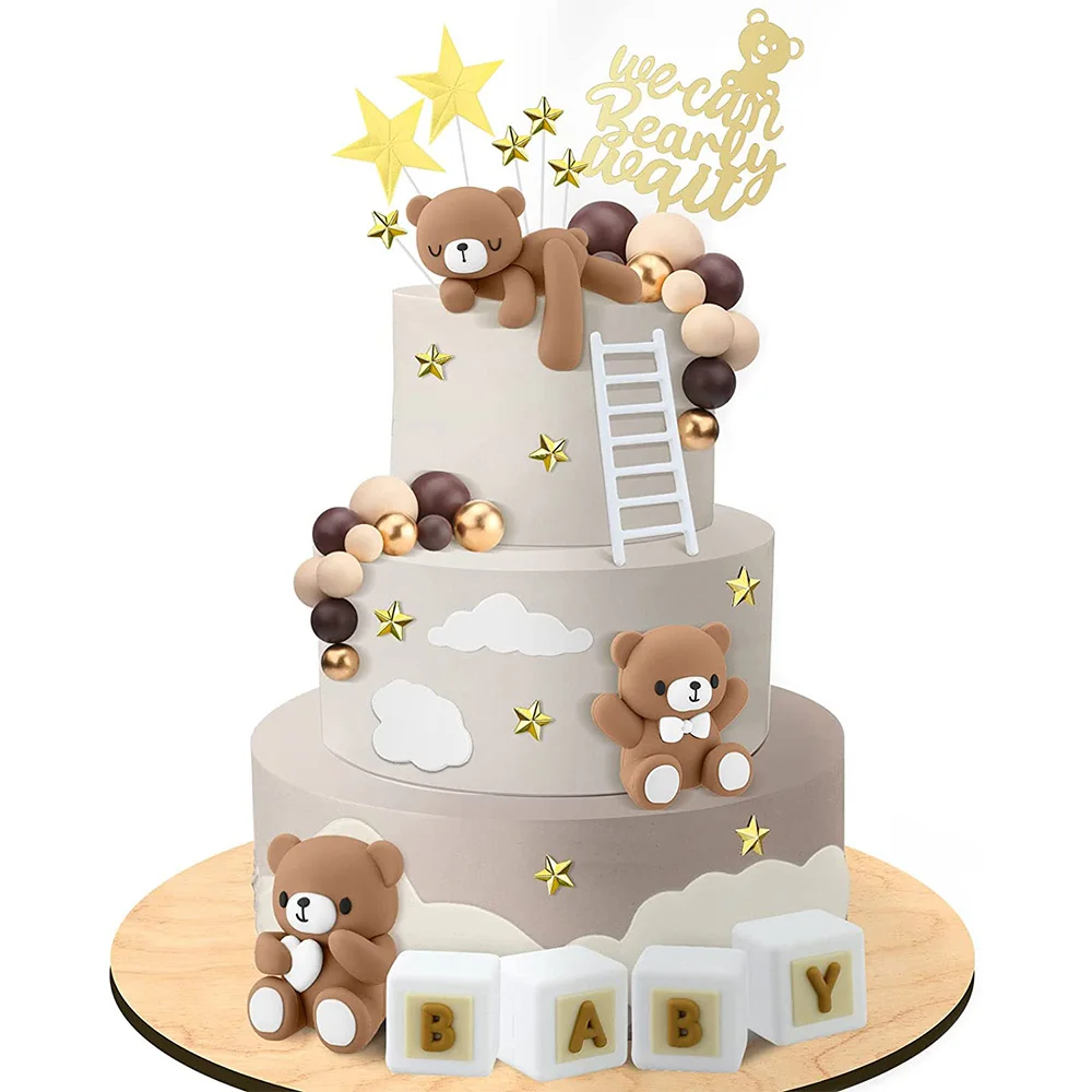 Bear Cake Toppers Mini Bear Cake Decorations 35pcs Gold White Dark Brown Ball for Boy Girl Baby Shower Birthday Party Decoration