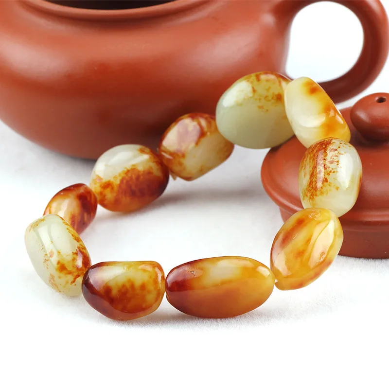 

Hetian Pebble Rough Stone White Red Mi Leather Men'S And Women'S Jade Bracelet