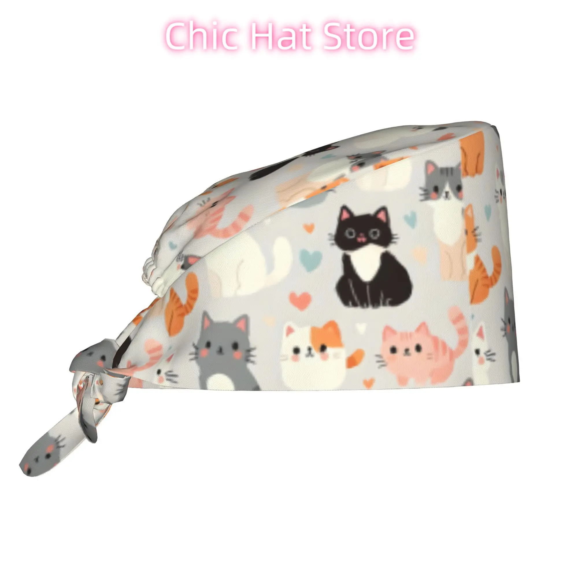 1pc Unisex Cat Print Work Cap - Adjustable, Lightweight & Dustproof Nurse Hat with Tie-Back Design, Stylish Scrub Cap for Men &
