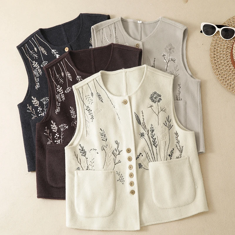 Spring Autumn Winter New Style Woolen Embroidered Vest Women's round Neck Single Button Outerwear Short Thin Top