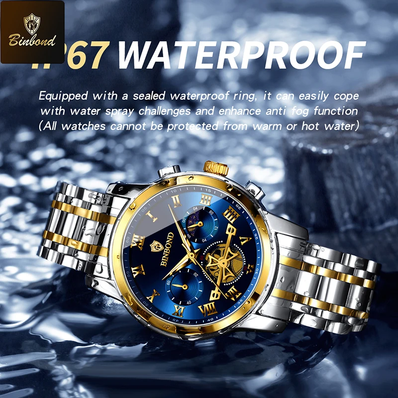 BINBOND модные трендовые мужские кварцевые часы со светящейся стрелкой, хронограф с фазой Луны, водонепроницаемые оригинальные мужские часы из нержавеющей стали