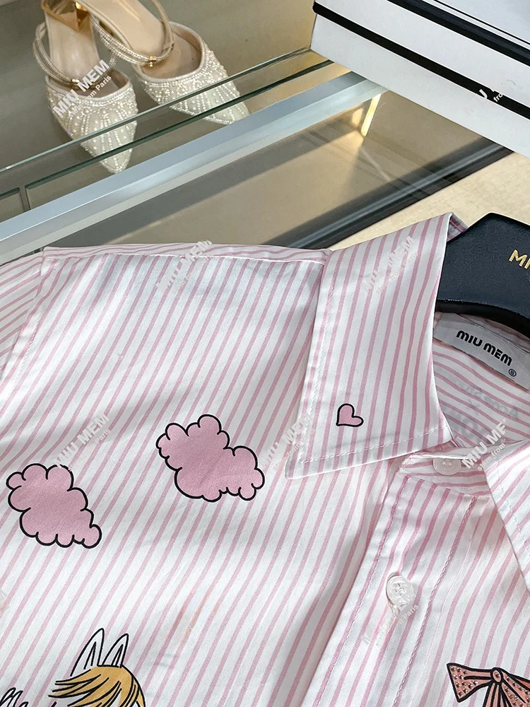 

Loose Printed Striped irt Women's Premium European Sle Autumn College Wind Long Sve Button up Top Polyester Fiber