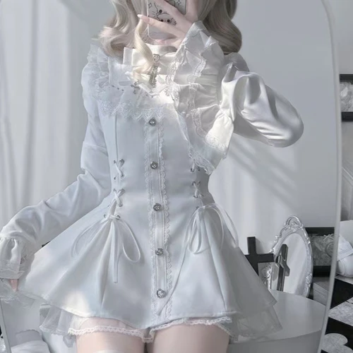 Imagen 2 del producto Conjunto de vestido gótico japonés de Lolita para mujer, Mini vestidos con cuello de volantes y lazo de encaje Harajuku Y2k, vestido bonito de fiesta elegante para mujer