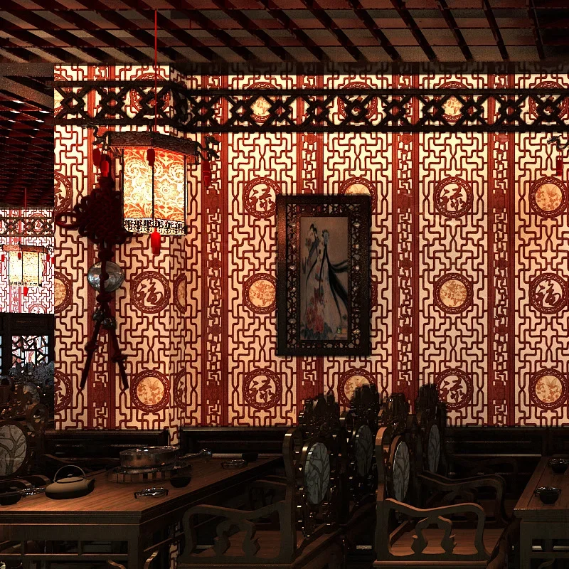 Chinese classical wallpaper imitation wood carvings window pane wallpaper living room study background wall thickened wallpaper