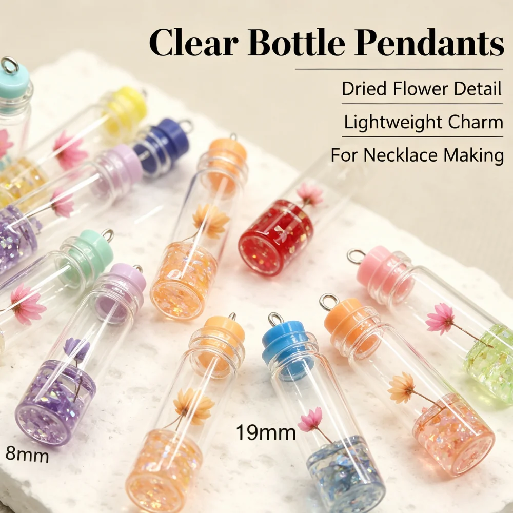 Cylindrical Transparent Glass Bottle 8x19x8mm Preserved Flower Rubber Stopper Single Hole Charms DIY Jewelry Pendants