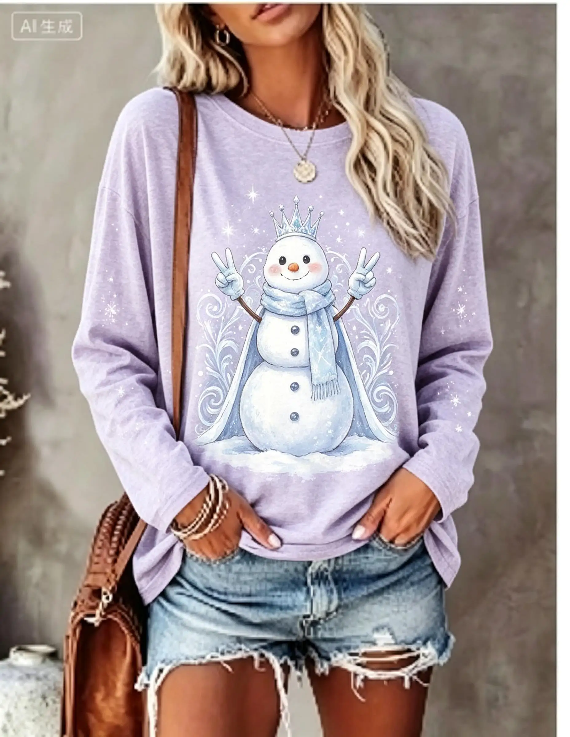 Women Christmas Long Sleeve T‑Shirt Crown Snowman Snowflake Print Crew Neck Winter Casual Tops