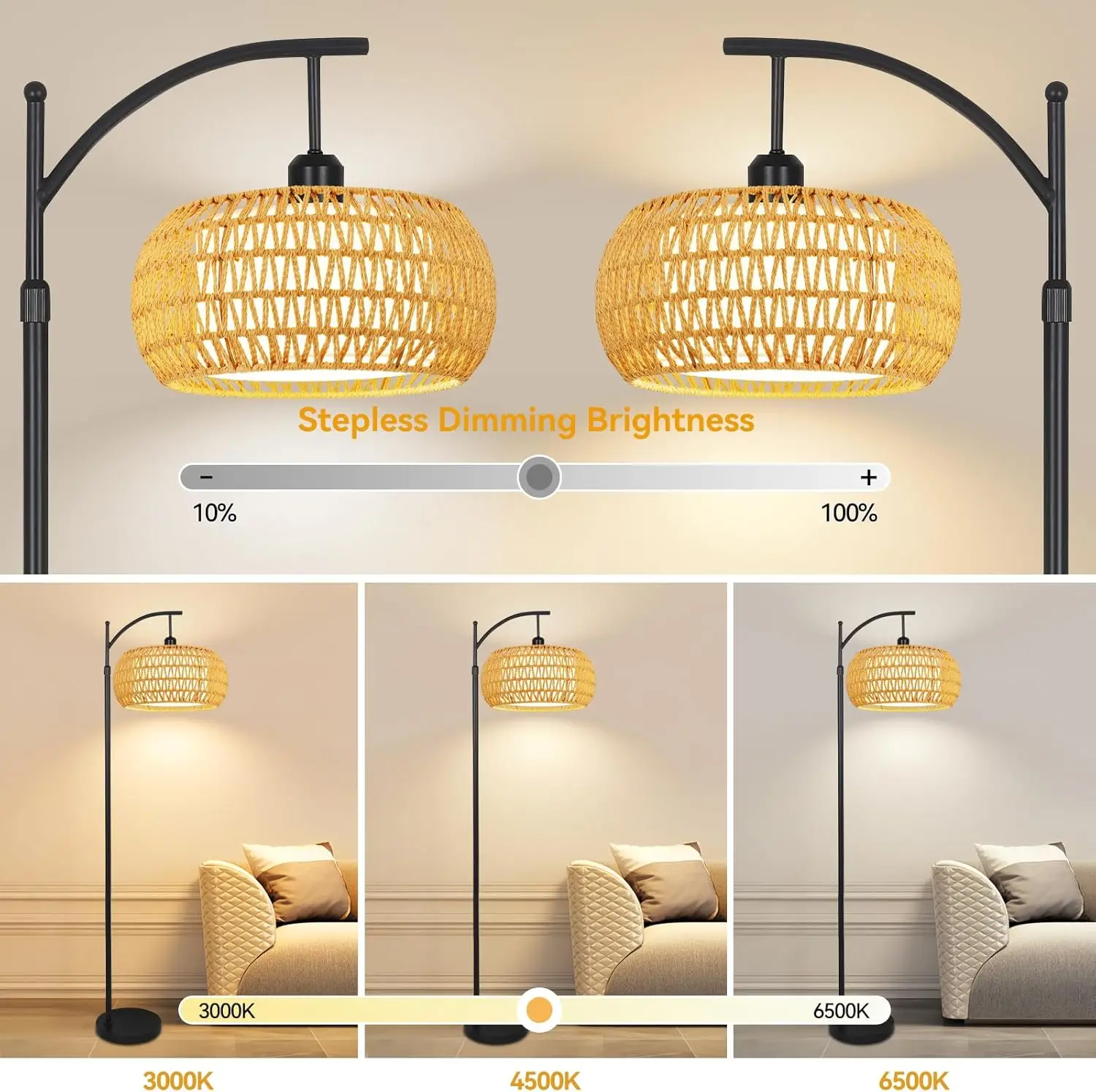Arc Floor Lamps for Living Room Rattan Boho Floor Lamp with Remote Control,Dimmable LED Floor Lamp Wicker Lamp Shades Black Standing Lamp with 3 Color Temperature