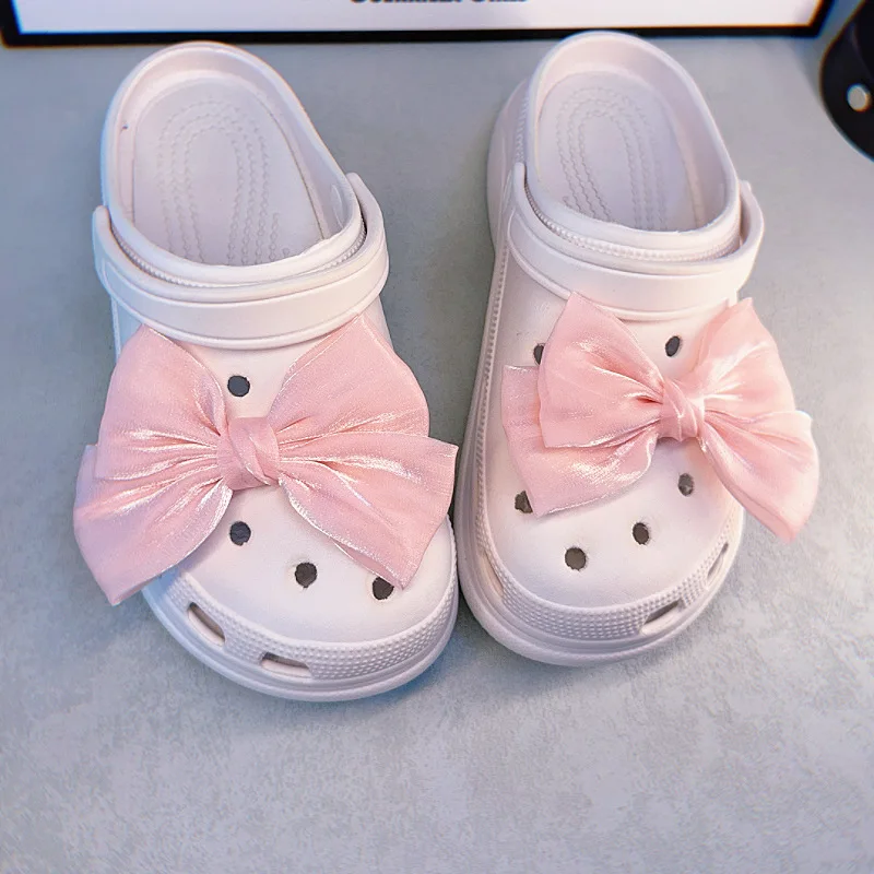 New Fashion Sweet Style Hole Shoe Charms Decorations Lovely Organza Bow Shoes Buckle DIY 3D Hole Shoe Accessories