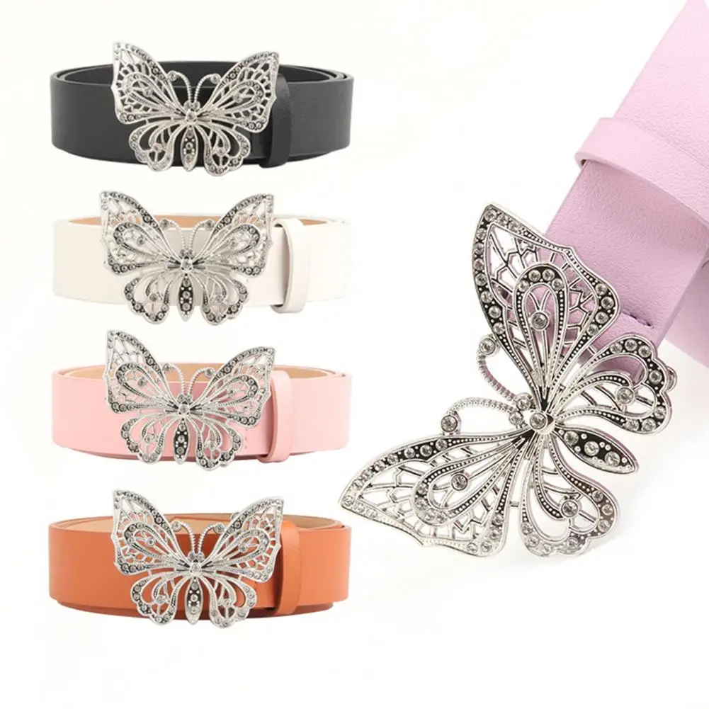 

Rhinestones Butterflies Decor Belt Adjustable Length Multi Holes Women Waistband Solid Color Belt Costume Accessories 여성용 허리띠