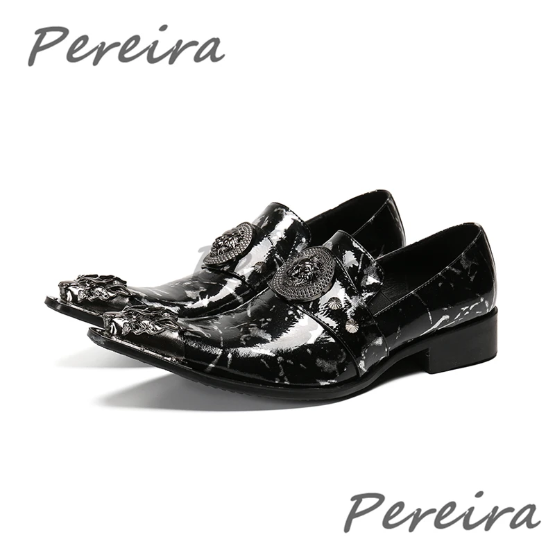 

Trendy Print Patent Leather Men's Dress Shoes Metal Decoration Chain Business Casual Shoes Pointy Toe Slip On Cowhide Loafers