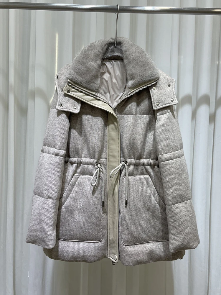 2024 Women Winter Cashmere Goose Down Jacket Real Natural Mink Fur Collar Puffer Jackets Thick Female Outwear Coat