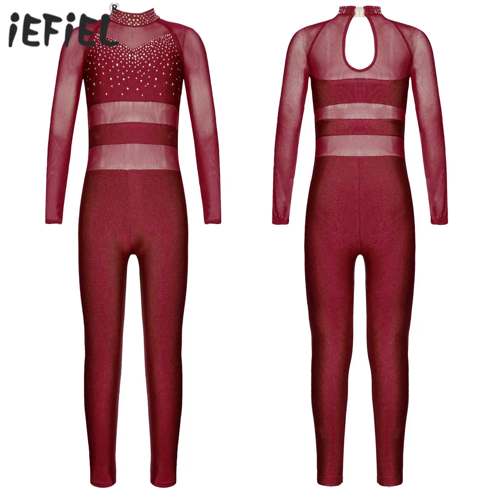 Kids Girls Ballet Gymnastics Jumpsuit Figure Ice Skating Dance Unitard Rhinestone Keyhole Back Sheer Mesh Long Sleeve Bodysuit