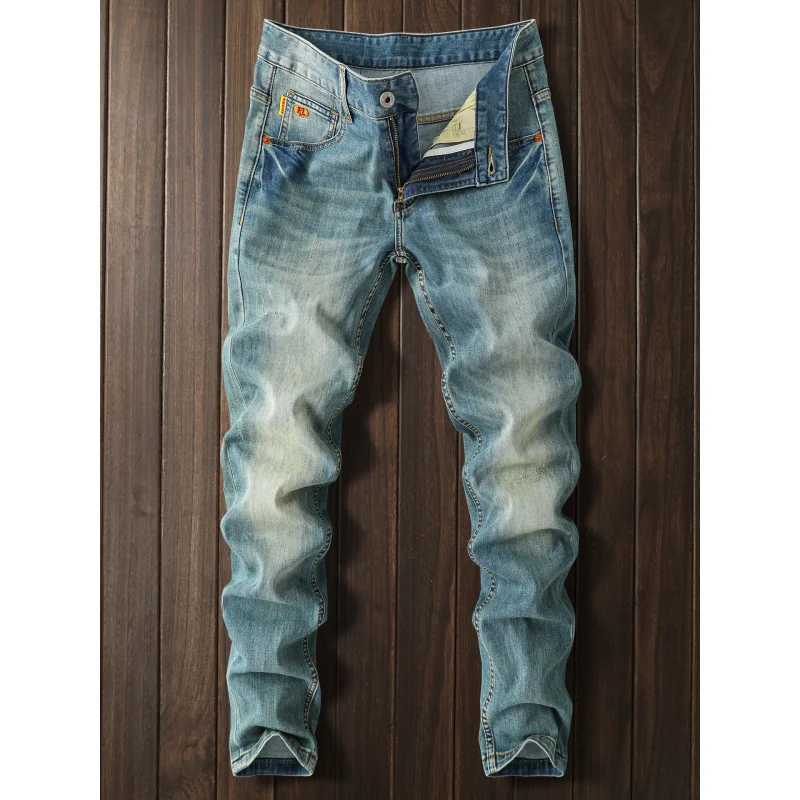 

Летние голубые джинсы, мужские высококачественные маленькие прямые брюки из старых желтых длинных брюк в стиле ретро, окрашенных грязью