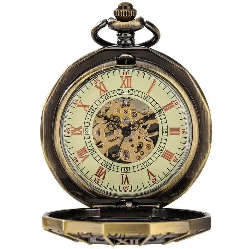 Steampunk Pocket Watch Skeleton Automatic Mechanical Watches Hollow Out Spider Case Roman Number Dial Clock Fob Chain