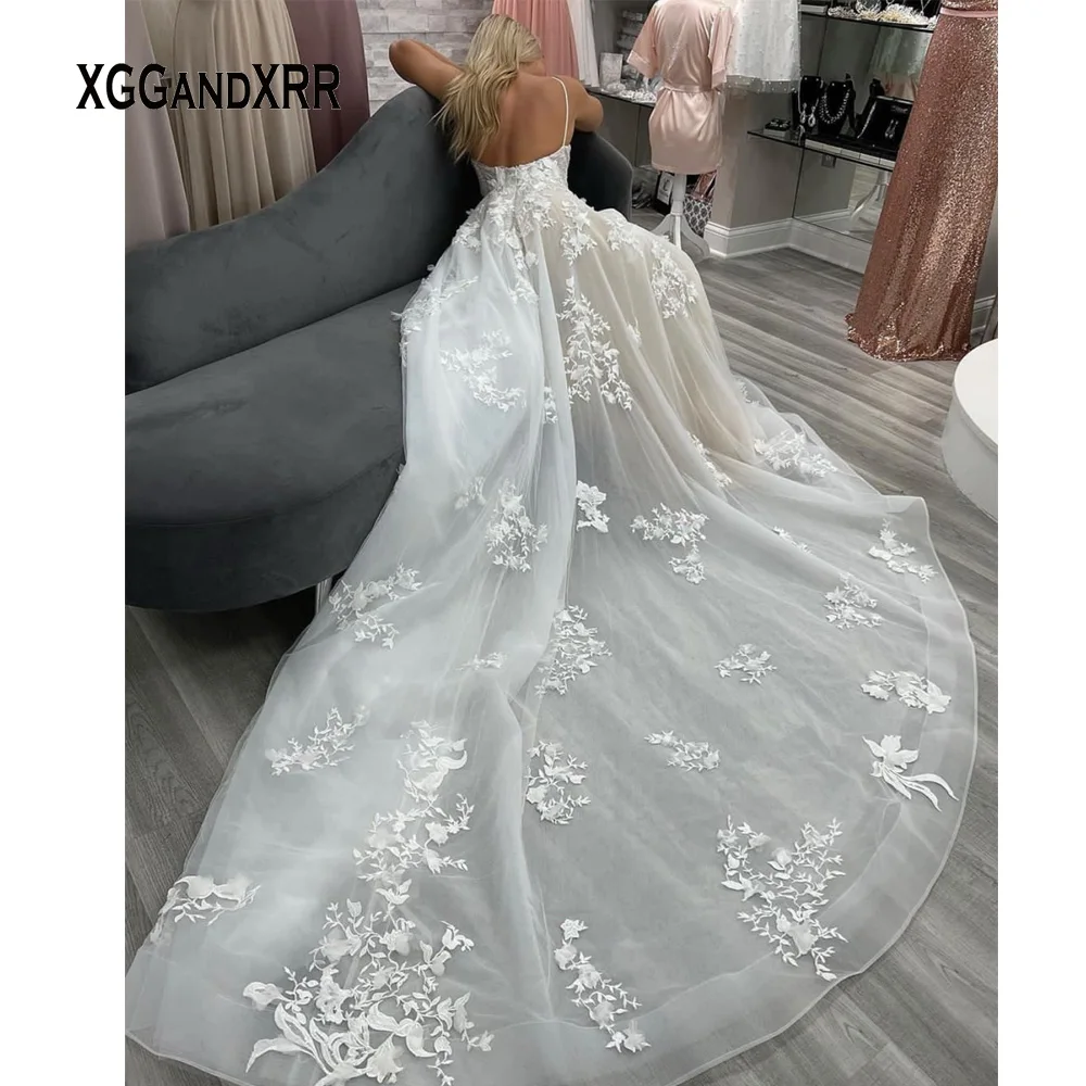 Vestido de novia de tul con escote en V para mujer, traje largo de encaje con Espalda descubierta, color blanco, 2022