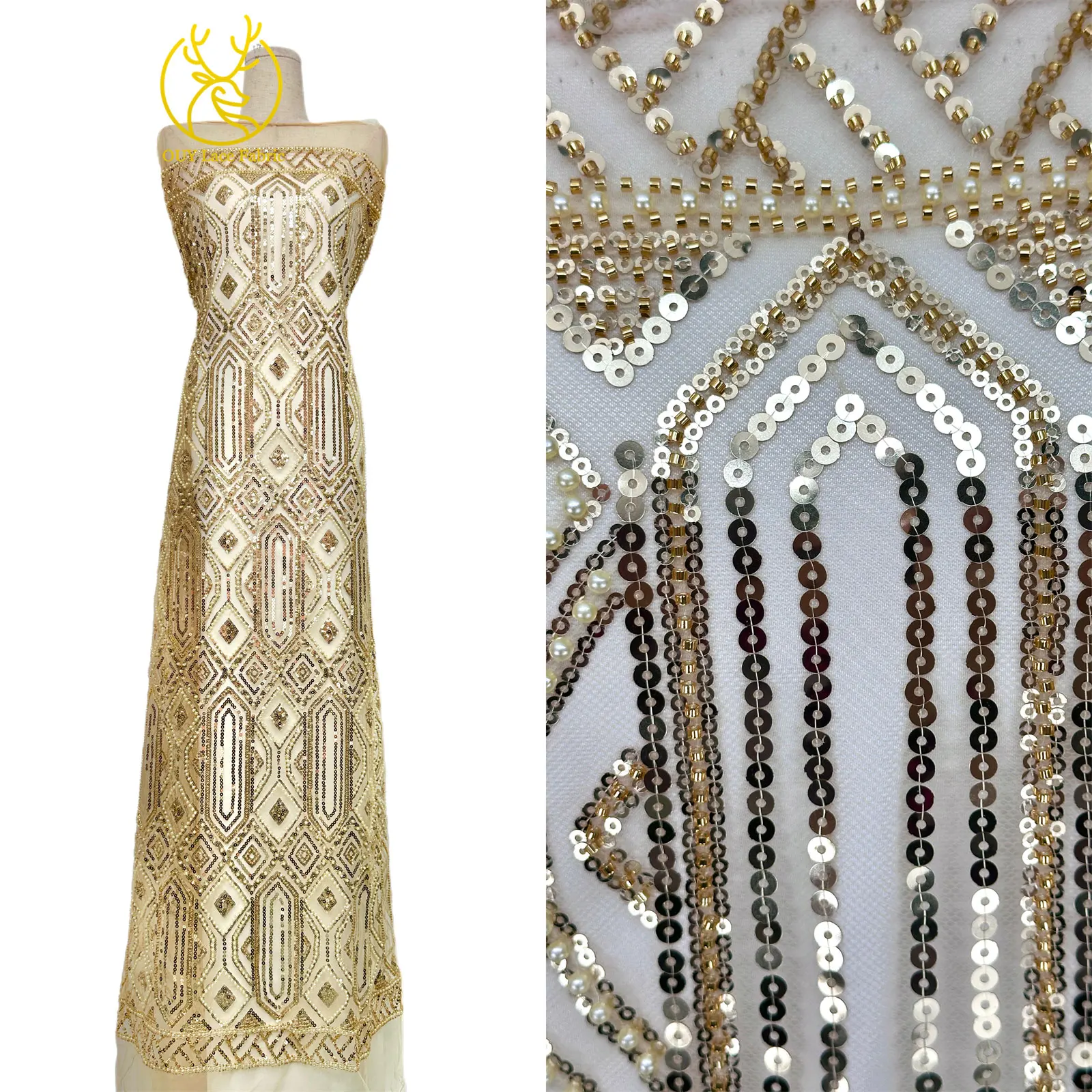 Gold Luxuriöser Afrikanischer Perlen-Spitzenstoff 2026 Hochwertiger Französischer Nigerianischer Mesh-Pailletten-Spitzenstoff für Party-Abendkleider Nähen – Detail 4