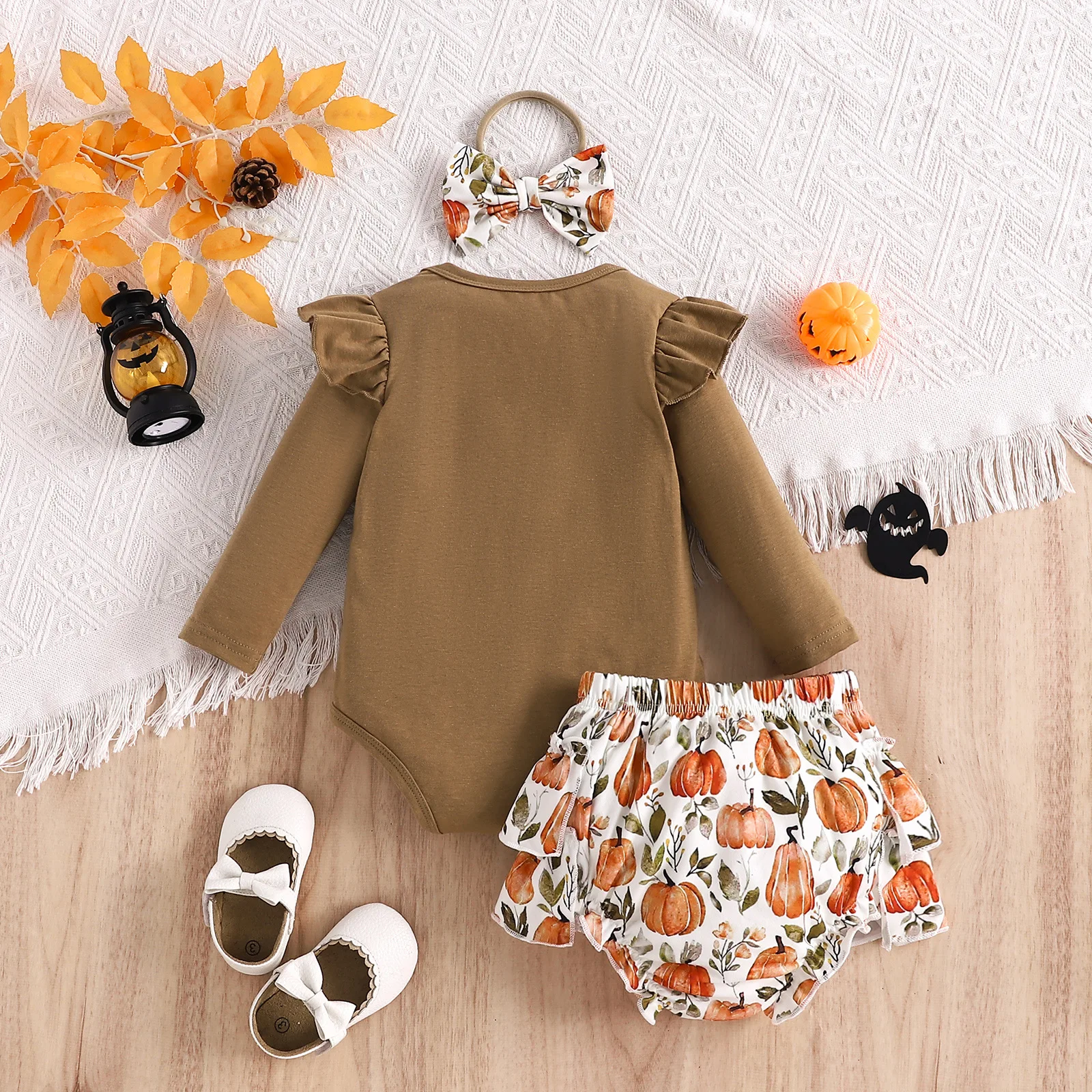 3PCS Girl Baby Halloween Long Sleeve Letter Ha Yi Pumpkin Printed Shorts+Headband Set 0-3m