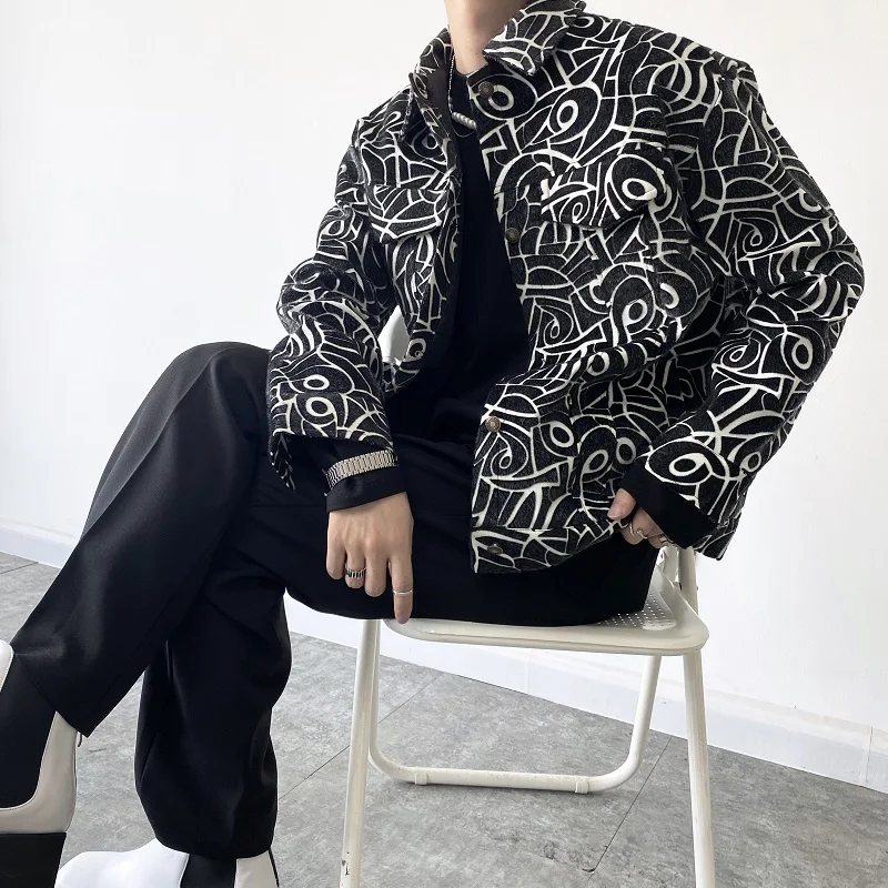 

Spring New Sle Men's Jaet Loose Fit Collar Design Floing Totem Pattern Luxury Feel Korean Sle Trendy Outerwear
