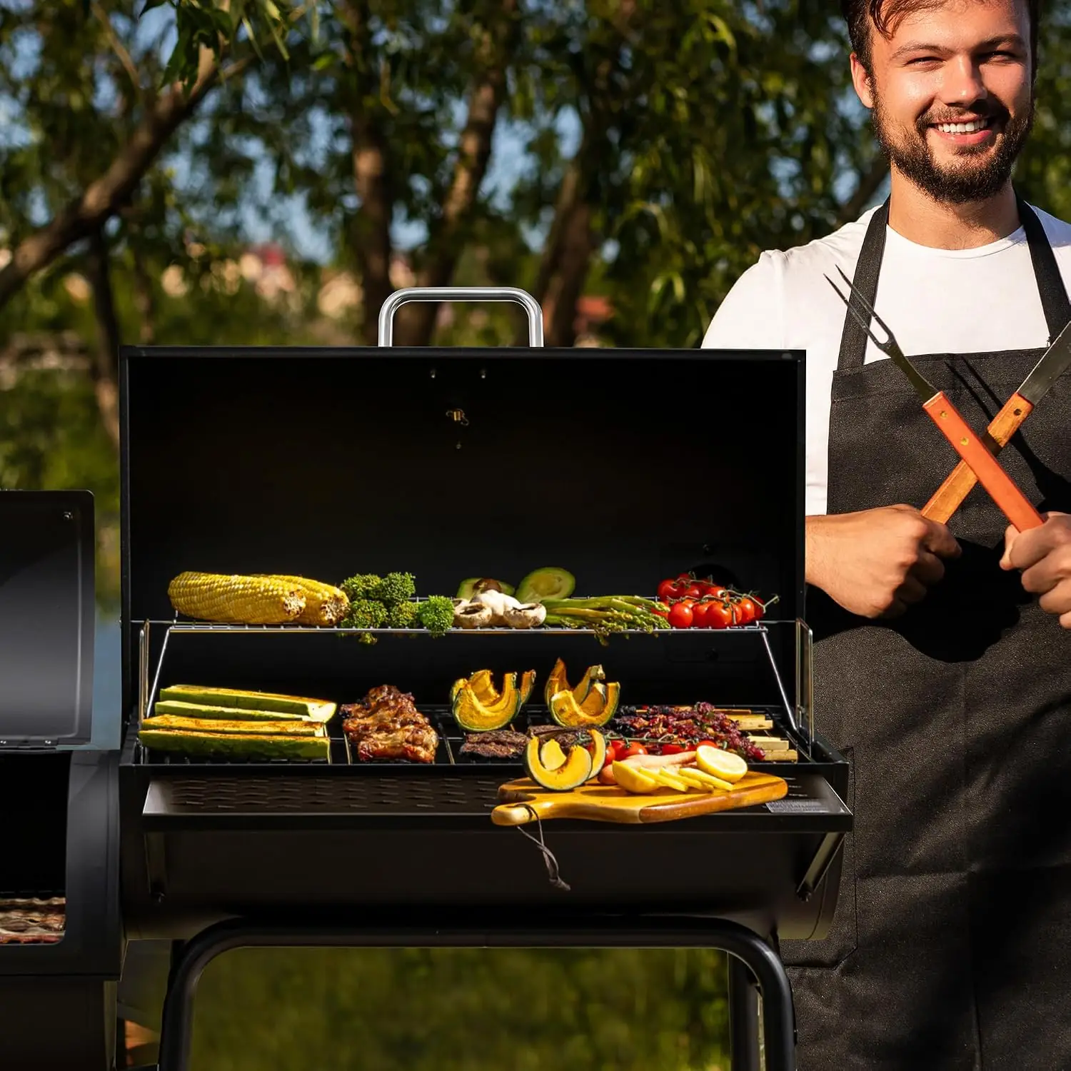 CC1830FC 28-Inch Barrel Charcoal Grill with Offset Smoker, 840 Sq. In. Cooking Area, Front Shelf, Charcoal Grill, Customized