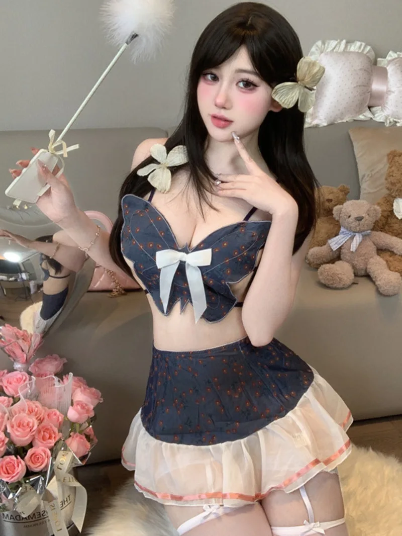

Сексуальная униформа для косплея, студенческий бюстгальтер с бабочкой и бантом, сетчатая цветная короткая юбка с цветочным принтом, прозрачная юбка без рукавов, повседневные комплекты EDSB