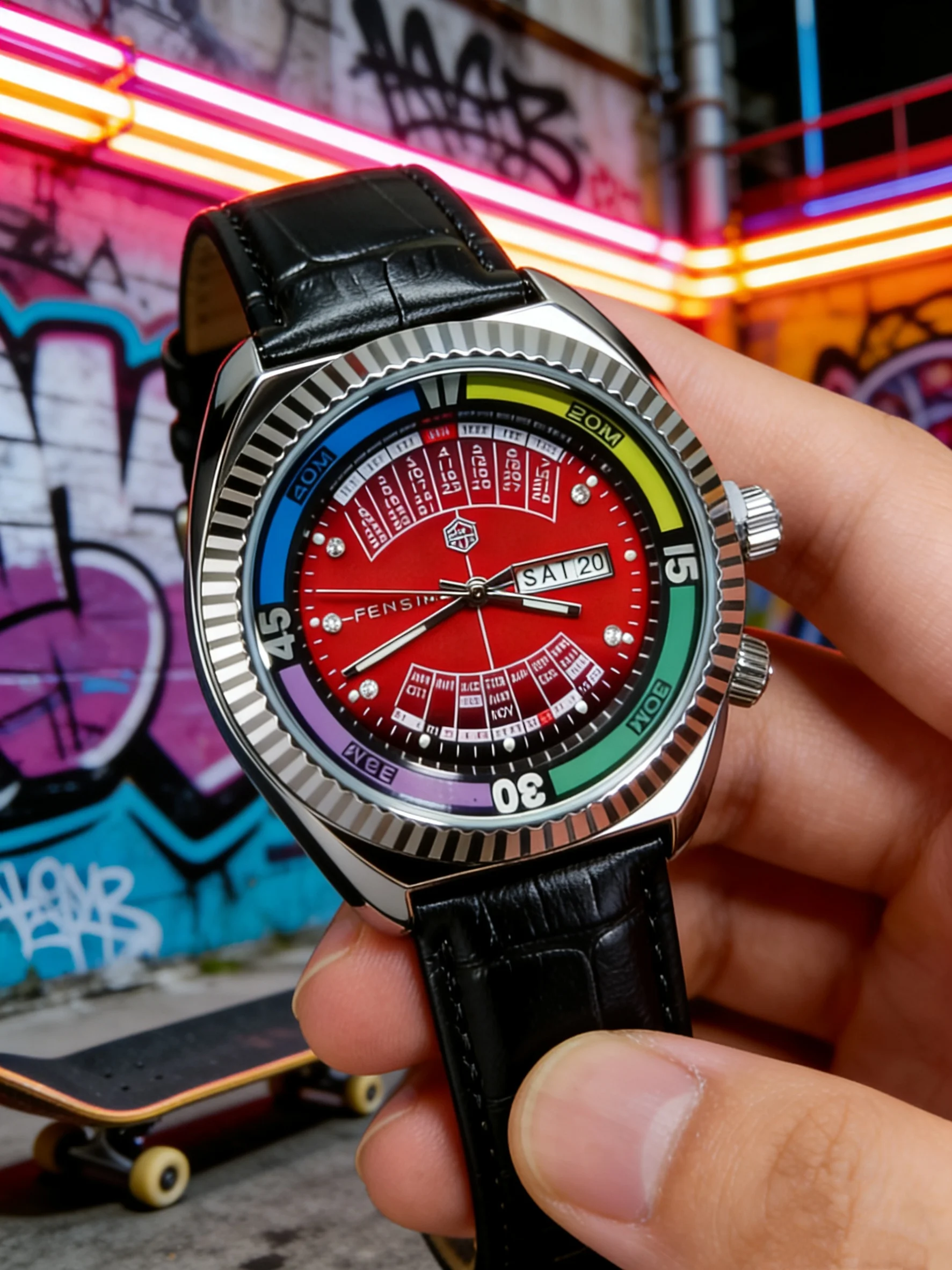 Luxury Men's Quartz Watch with Red Dial, Rainbow Bezel, Calendar Function, Black Leather Strap, Waterproof Sports Wristwatch, Men's Watch Suitable for Hip-Hop, Skateboarding, Everyday Wear, Is the Perfect Gift for Boyfriend, Husband, Father, or Birthday