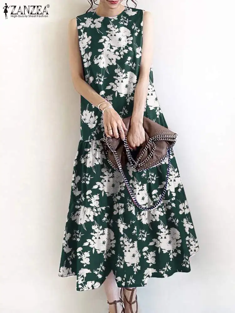 ZANZEA Summer Floral Printed Dress Women Stylish Party Work Dresses Vintage Baggy Tanks Robe Bohemian O Neck Sleeveless Sundress