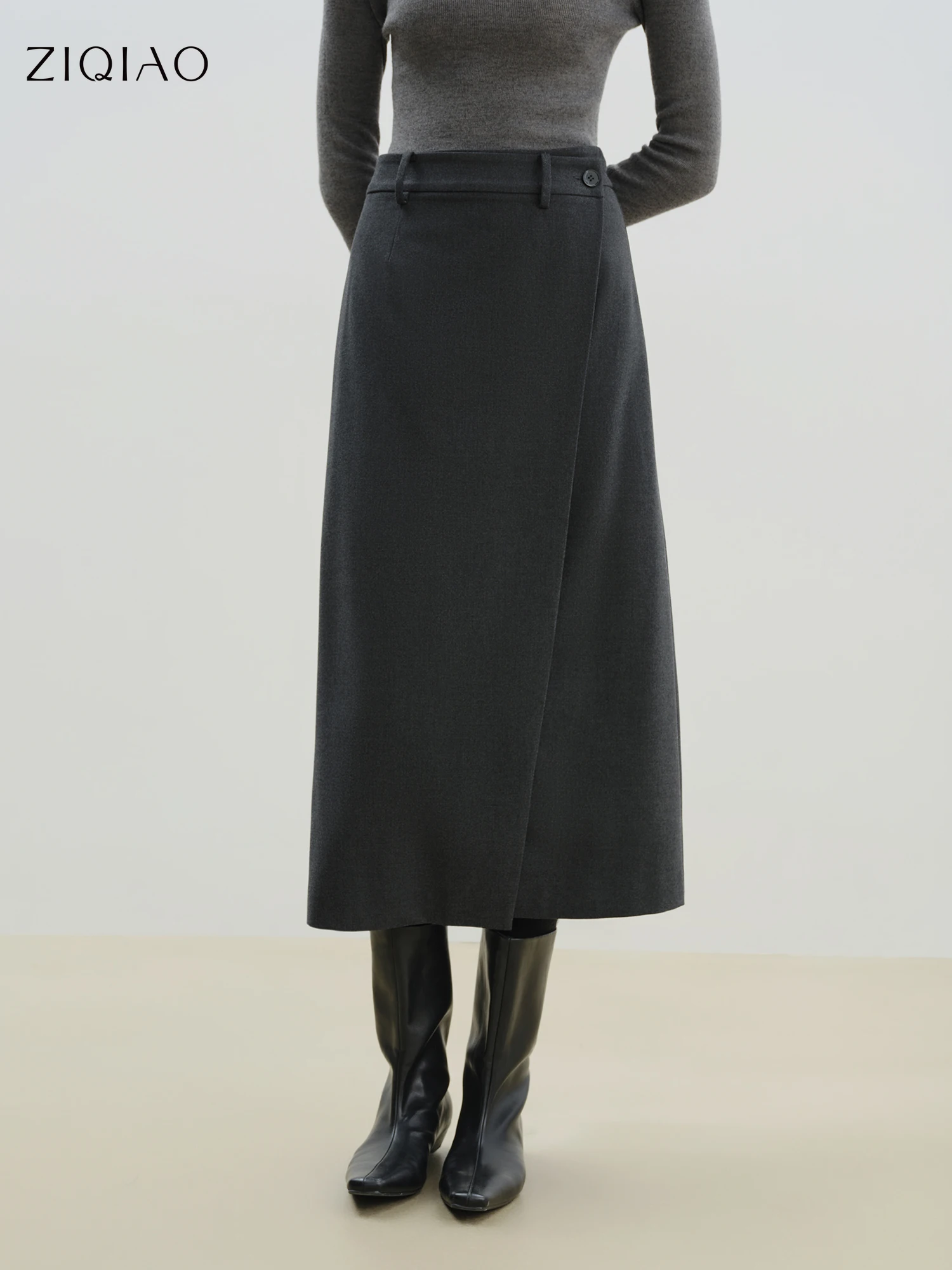 ZIQIAO Petite Women's Asymmetric Wrap Around Panel Mid-Length Chic Skirt 2025 Winter New Arrival Mid Lenghth Skirts Small Sizes