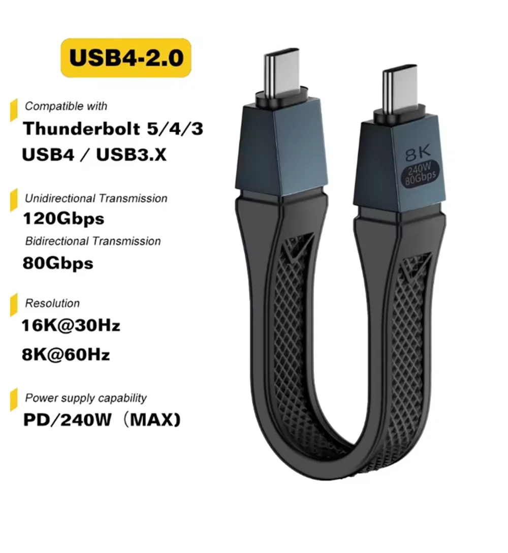 Thunderbolt 5 Type C USB4 2.0 Cable 80Gbps Gen4 USB C to egpu 16K PD 240w one-way 120Gbps Short Cable Compatible Thunderbolt 4/3