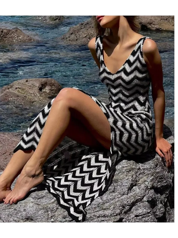

2025 Slim Spaghetti Strap Dress Knitted Vestidos Beach Slit Stripe Sleeveless Holiday Vacation Casual Commuting Sexy Beachwear