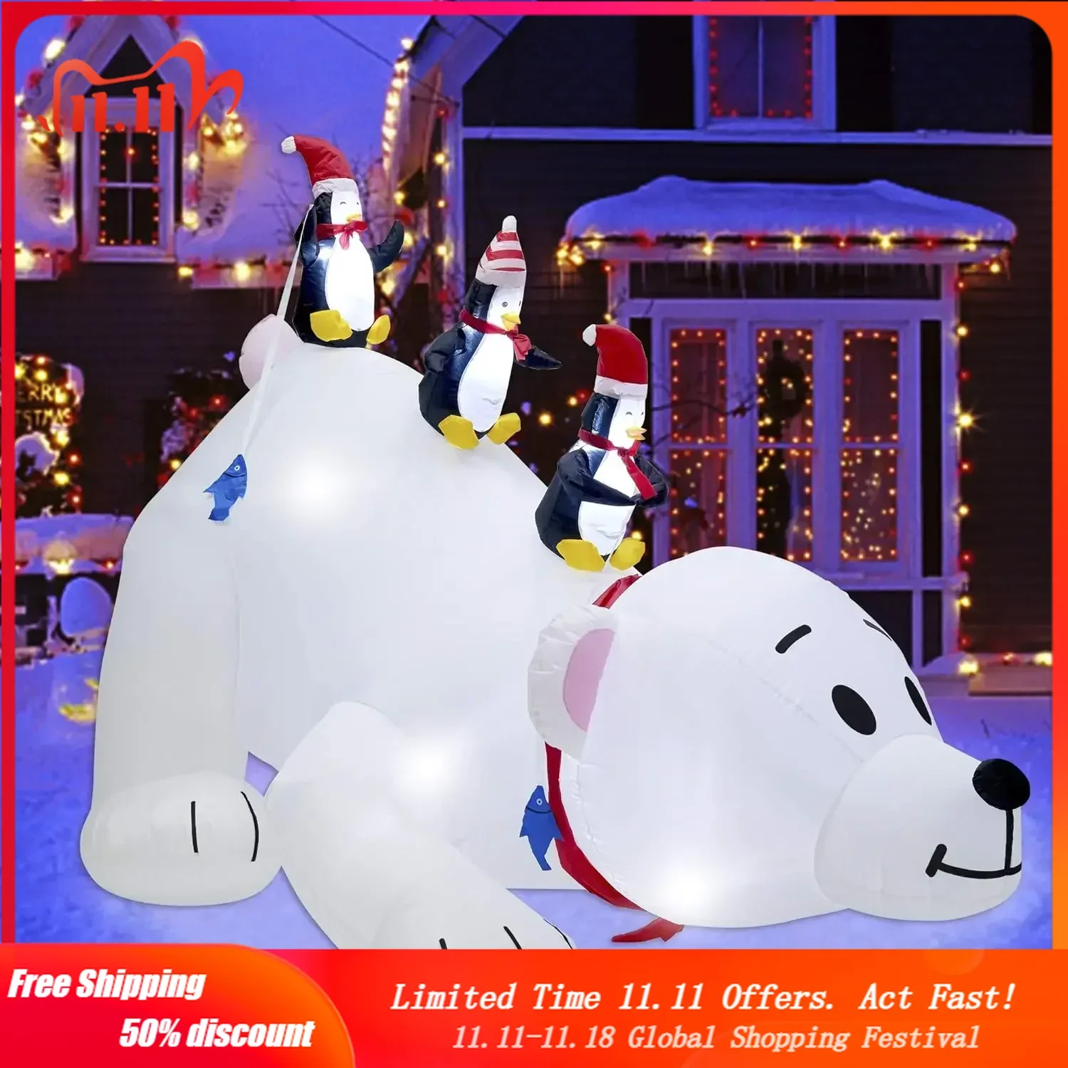 Christmas 7.7(L) x 6 FT(H) Inflatables Lighted Polar Bear with Three Penguins, Blow Up White Bear Happy Fishing Penguin