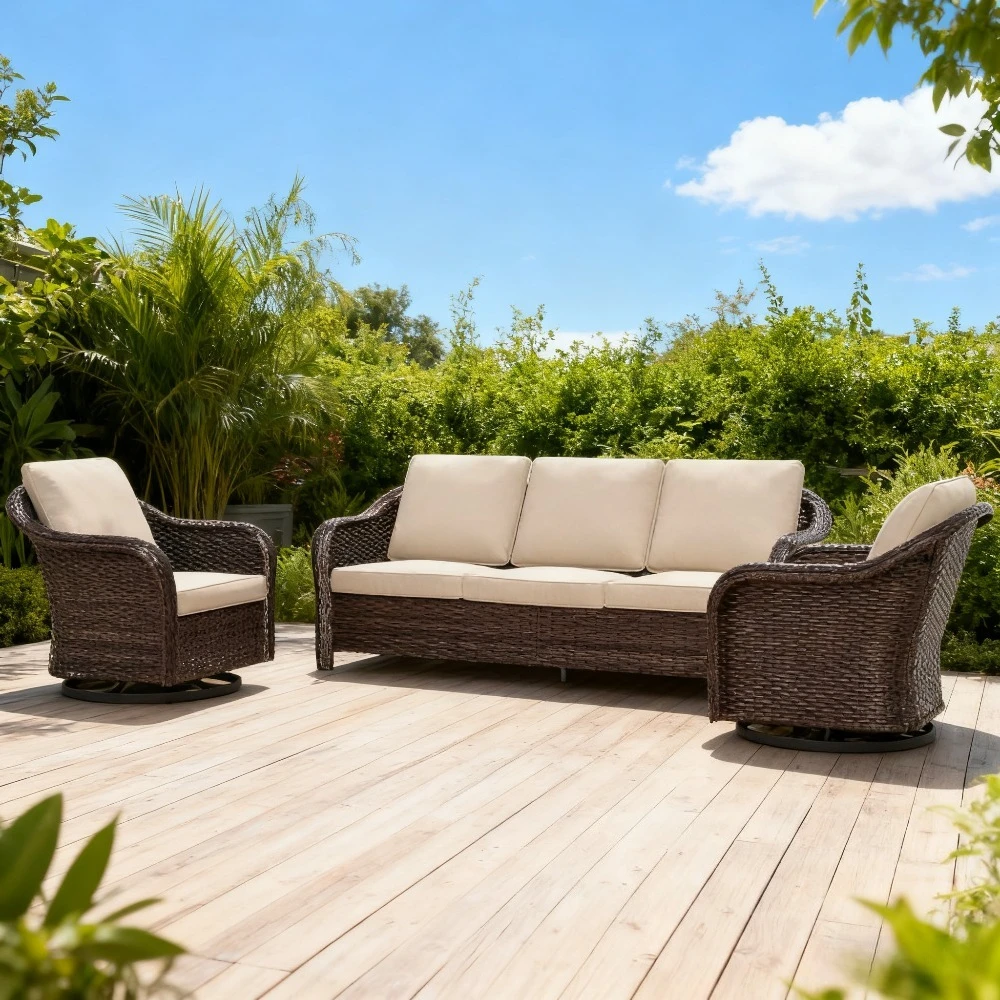 

3 Piece Patio Wicker Conversation Set, All-Weather Use Outdoor Wicker Sofa with 2 PE Rattan 360 Swivel Chair, Customized
