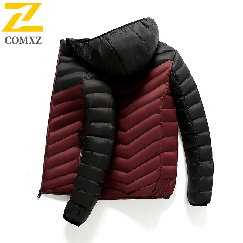 COMXZ Men Down Jacket 2025 Splicing Ultra Light Outdoor Camping Warm Parka Premium Hooded Outdoor Cold Resistant Winter Coat