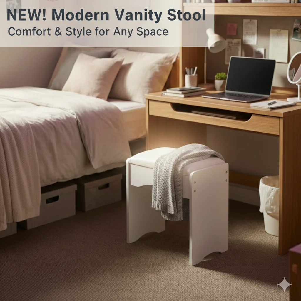 

Белый туалетный стул для макияжа - с мягким сиденьем, изогнутым дизайном, компактная скамья для спальни и зон макияжа