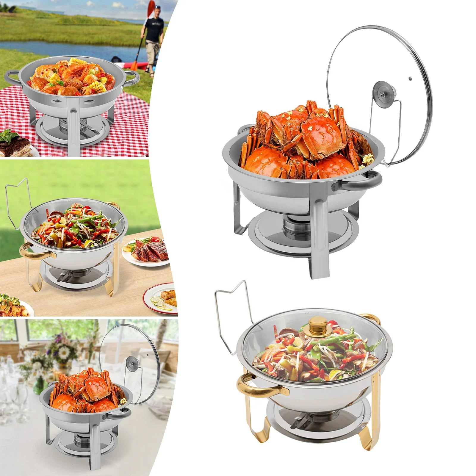 Stainless Steel  Chafing Dish Buffet Set, 5L Desktop Round Stove with Food Tray Water Tray and Clear Lid, Chic Home Accessories