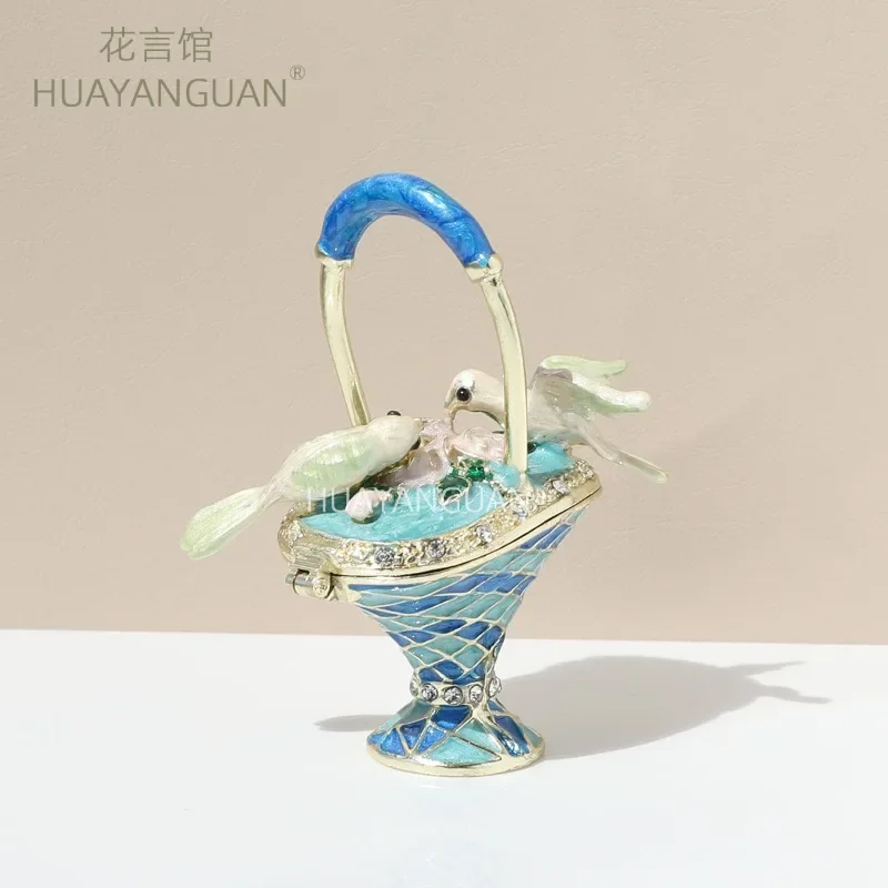 Enamel color diamond basket shape jewelry box exquisite metal jewelry box double bird animal ornament