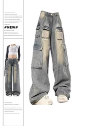 Women's Blue Cargo Jeans Y2k Harajuku Japanese 2000s Style Aesthetic Baggy Denim Trousers Jean Pants Vintage Trashy Clothes 2024