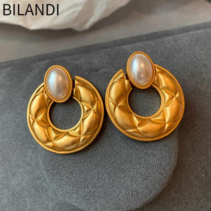 Bilandi Trendy Jewelry Simulated Pearl Texture Metal Round Drop Earrings For Girl Gift Temperament Dailly Wear