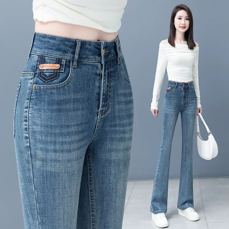 

Модные широкие джинсы с высокой талией, женские утягивающие эластичные расклешенные брюки с микро-расклешенными брюками, осенние повседневные удобные эластичные джинсовые джинсы