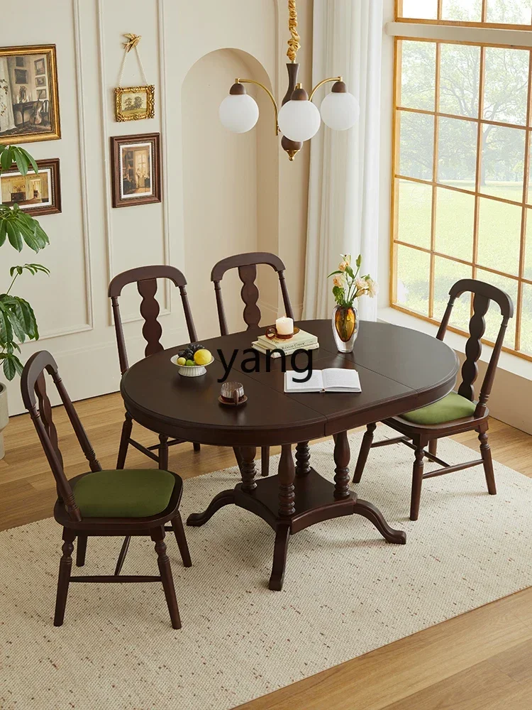 ZYR retro cherry wood retractable dining table household French foldable round eating table