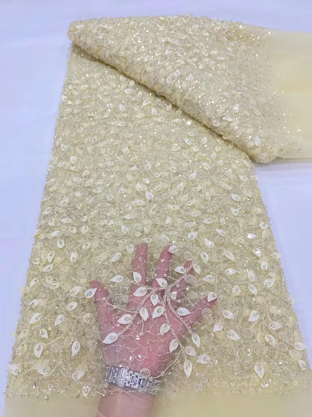 2023 High Quality African Nigerian Tulle Lace Fabric BeadsSequins Embroidery  French Guipure Wedding Party Dress Beaded 5Yards