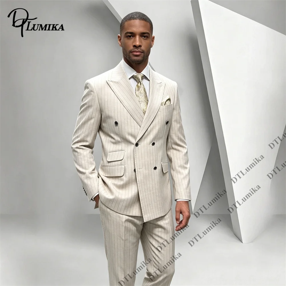 Pinstripe Double Breasted Men 2 Piece Suit Set Blazer Trousers Set Business Wedding Office Banquet Refined Warm-Tone Suit