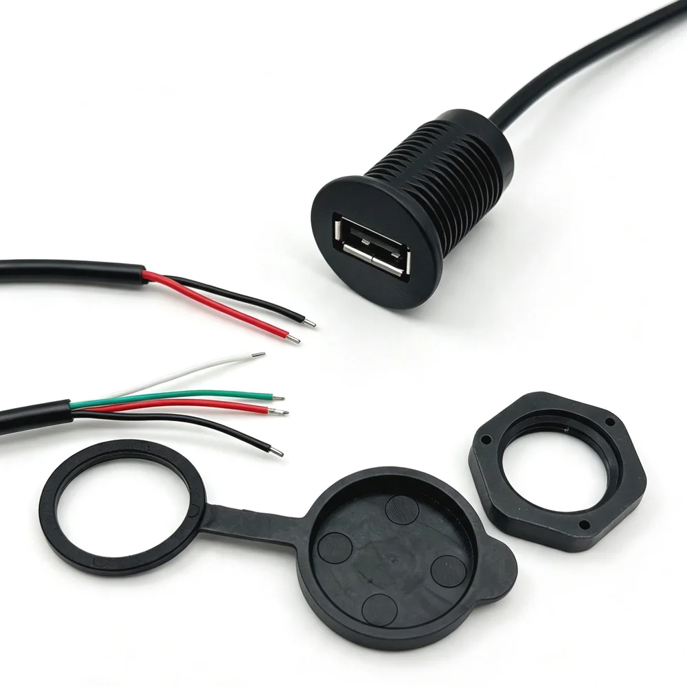2Pin 4Pin 1.5A USB Female Port Convenient Mounting Threaded USB 2.0 Power Jack  Charging Connector With Cable USB Charger Socket