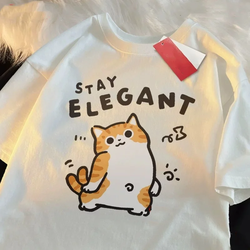 ZAZOMDE Cute Cat Design 100% Cotton T-Shirt - Kawaii Japanese Inspired Casual Streetwear Top Anime Aesthetic 2025 New